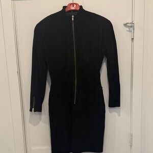 Chic Long Sleeve Black leather Dress with Zipper